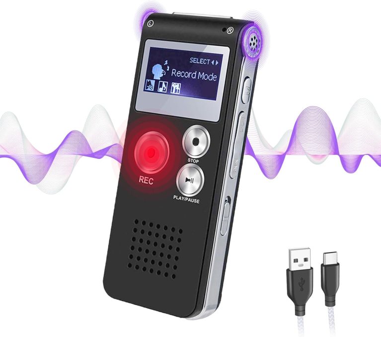 Dictaphone Numérique EVISTR 64Go à Activation Vocale - Enregistreur Audio HD 1536kbps, Rechargeable et Protégé par Mot de Passe