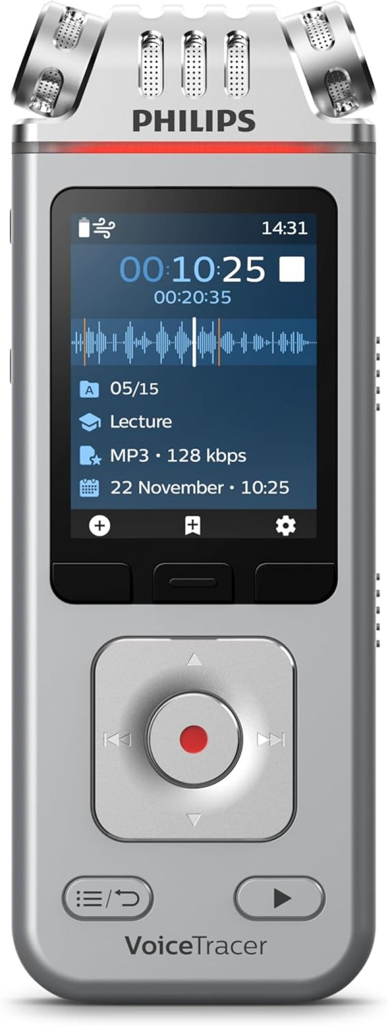 Philips VoiceTracer DVT4115 Enregistreur audio, MP3-PCM, 3 microphones Hifi, licence d'essai Sembly AI transcription et résumés IA