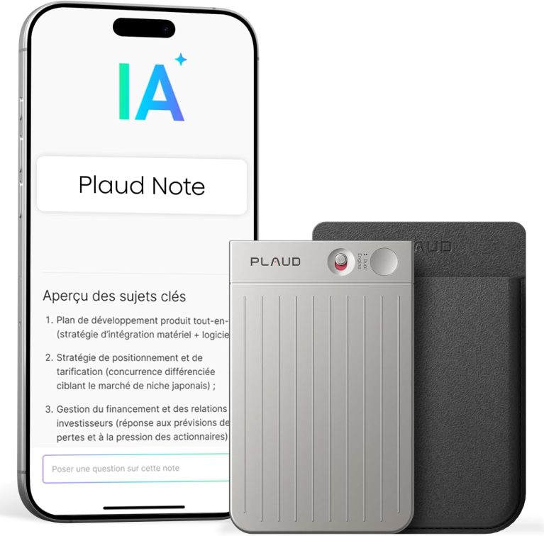Plaud Note Enregistreur Vocal IA avec Étui, Transcription et Résumé IA, Dictaphone Enregistreur Vocal Numérique IA, Compatible Teams, 112 Langues, Réunions et Appels, Argent